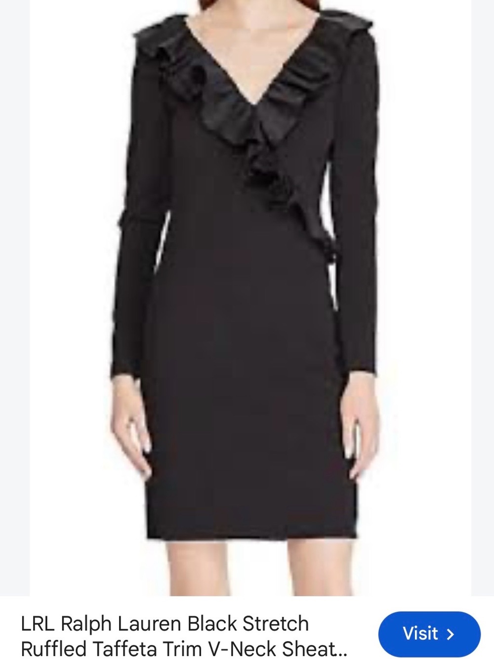 Lauren Ralph Lauren Black Long-Sleeve Ruffle V-Neck Sheath Dress A164